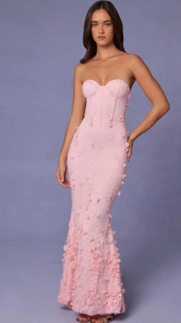 Oh Polly Amal Lace-Up Corset Maxi Strapless Dress Gown Floral Size 4 + New